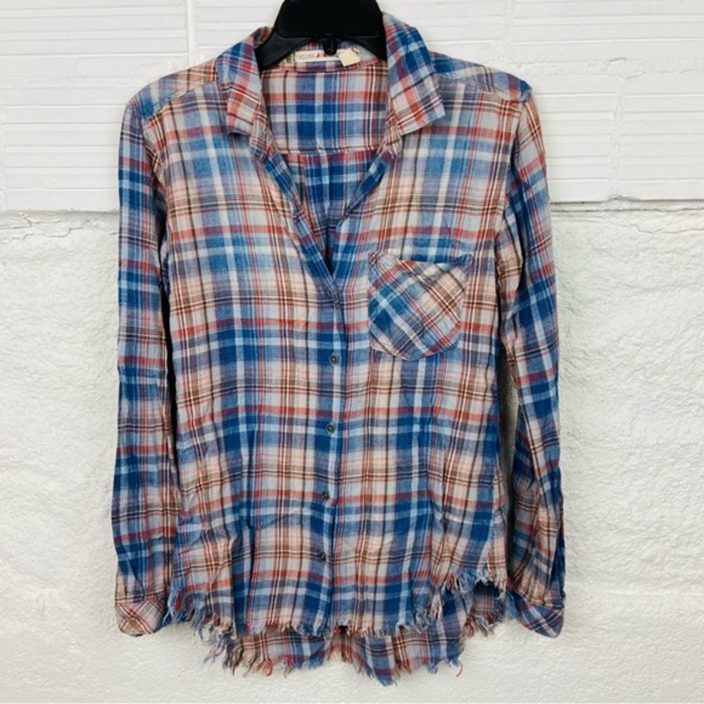 CHELSEA & VIOLET navy plaid frayed hem cotton flannel shirt size XS